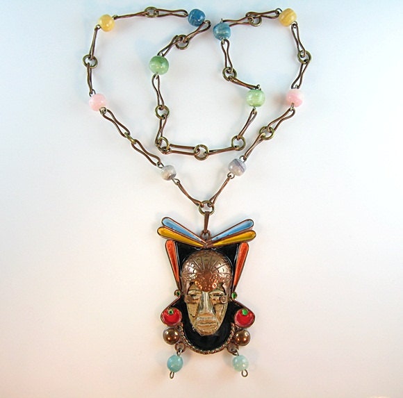 Vintage Mexico Necklace Copper Aztec Mayan King Pendant Colorful Enamel Accents Amazing
