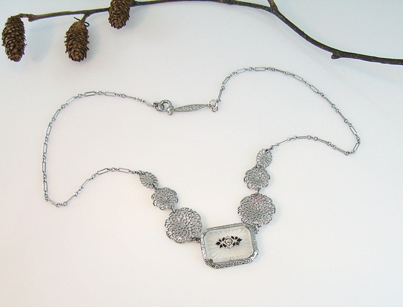 Vintage Art Deco Camphor Glass Necklace Enamel Rhodium Filigree Paste Stone 1930s Jewelry