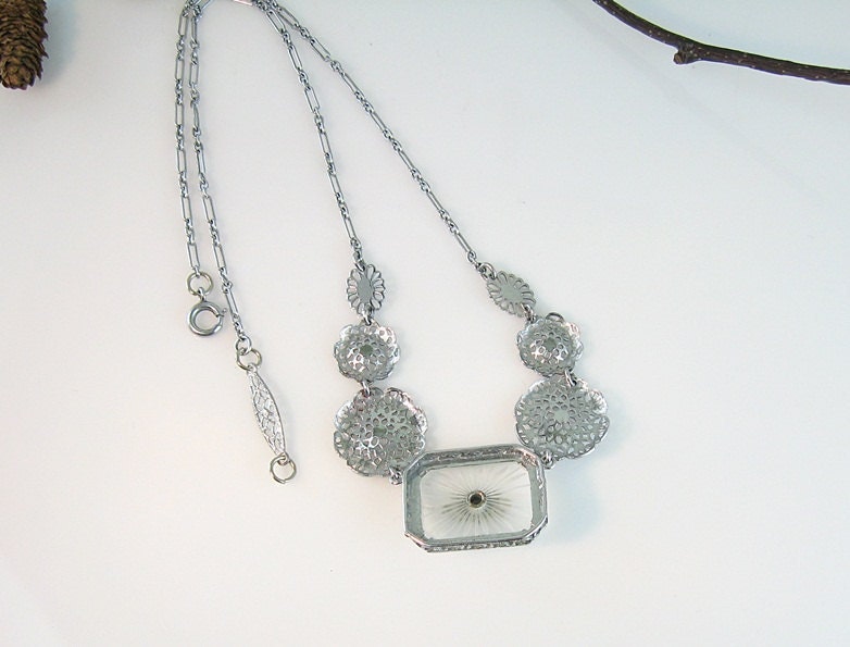 Vintage Art Deco Camphor Glass Necklace Enamel Rhodium Filigree Paste Stone 1930s Jewelry