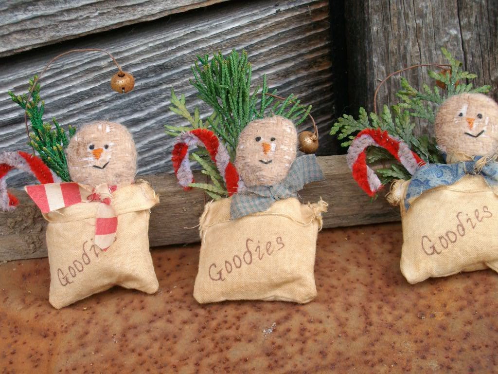 Primitive Snowman and Candy Cane Christmas Ornaments