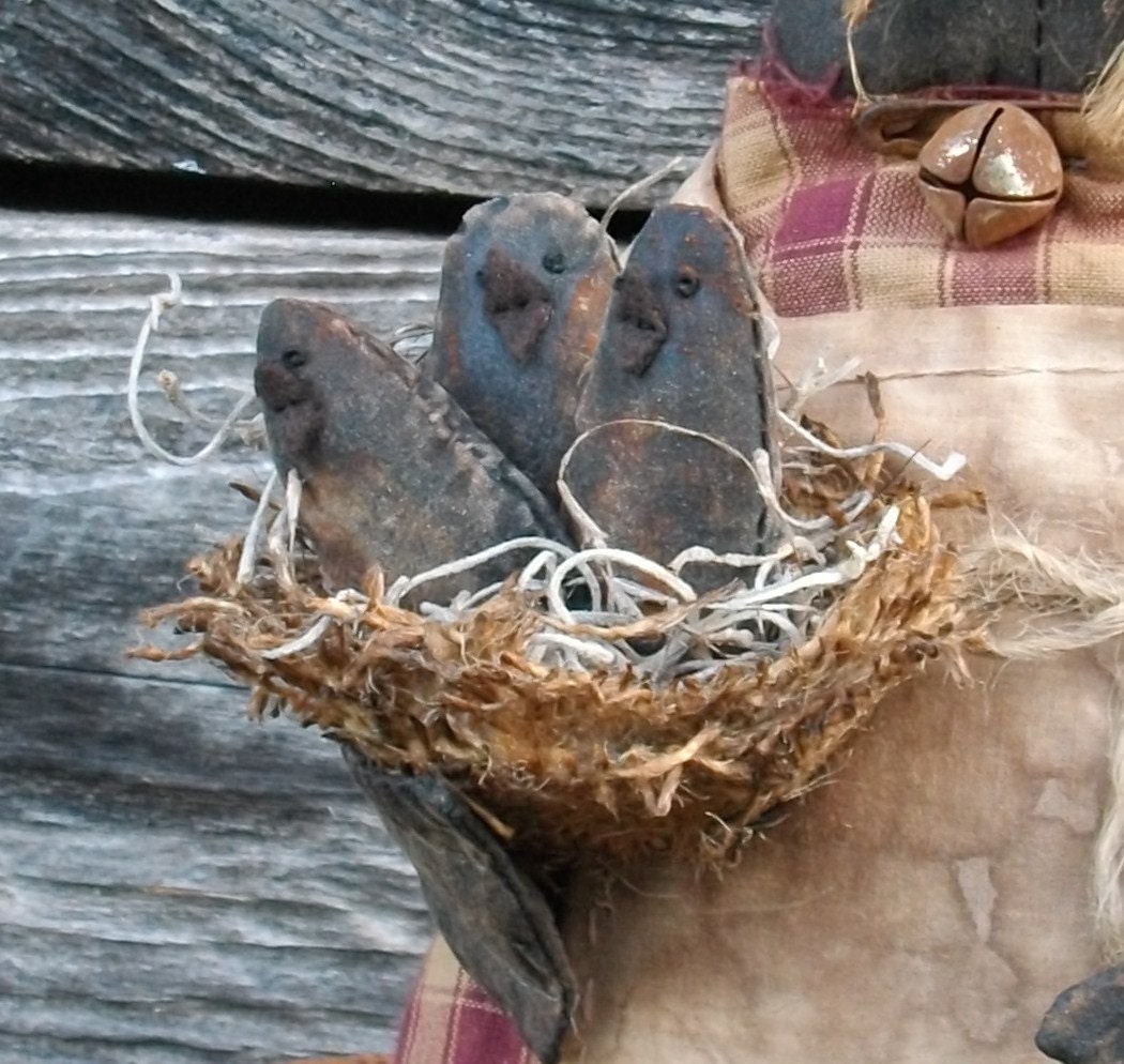 Primitive, Crow Doll,Nest,Baby Crows - Shelf Sitter, tuck  - For Hutch, Cupboard, or Mantel