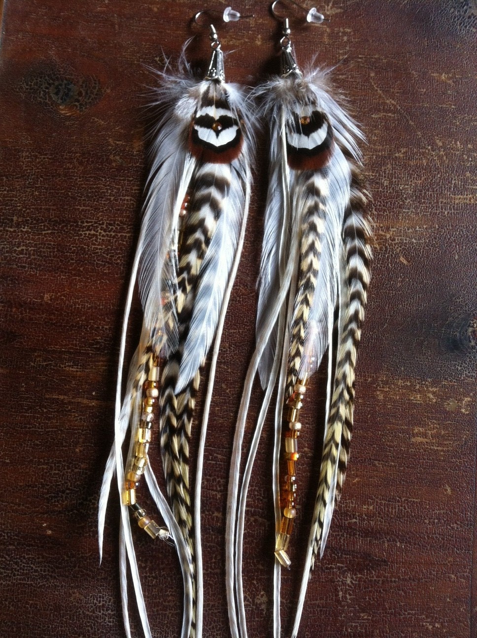 Sale Feather Earrings - Beaded Crystal Grizzly - Long beaded feather earrings with swarovski crystals (limited edition)