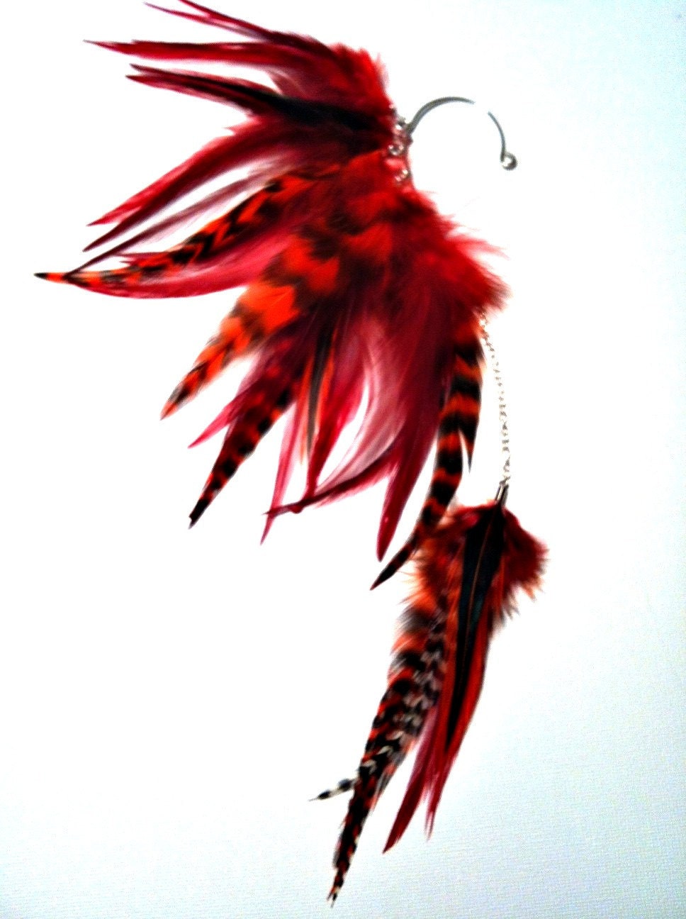 Red Feather Ear Cuff / Ear Wrap with chain - Fire Walker