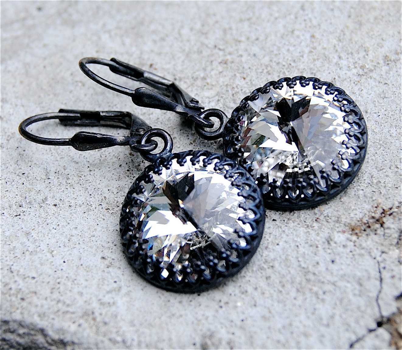Clear Diamond Earrings - Victorian Queen - Swarovski Crystal Clear Crystal Diamond Oxidized Sterling Silver Crown Earrings - Mashugana