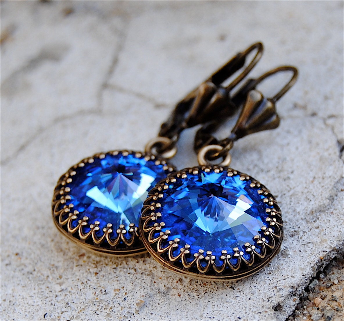 Dangle Earrings, Super Sparklers Victorian Queen - Swarovski Earrings - Sapphire Blue, Capri Ocean Blue & Antique Brass, Crown Earrings