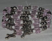 Beaded Bracelet Memory Wire crosses roses pink and white beads