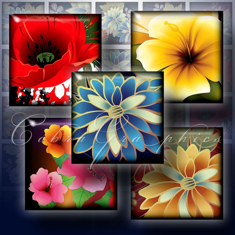 Decorative Flowers - 1x1 inch squares - Digital Collage Sheet CG-520 for Scrapbooking, Jewelry Making, Crafts - Instant Download