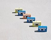 retro cassette ornaments mixtape ornament set of 6 rainbow blue yellow peach recycled upcycled reclaimed repurposed wood holiday gift set
