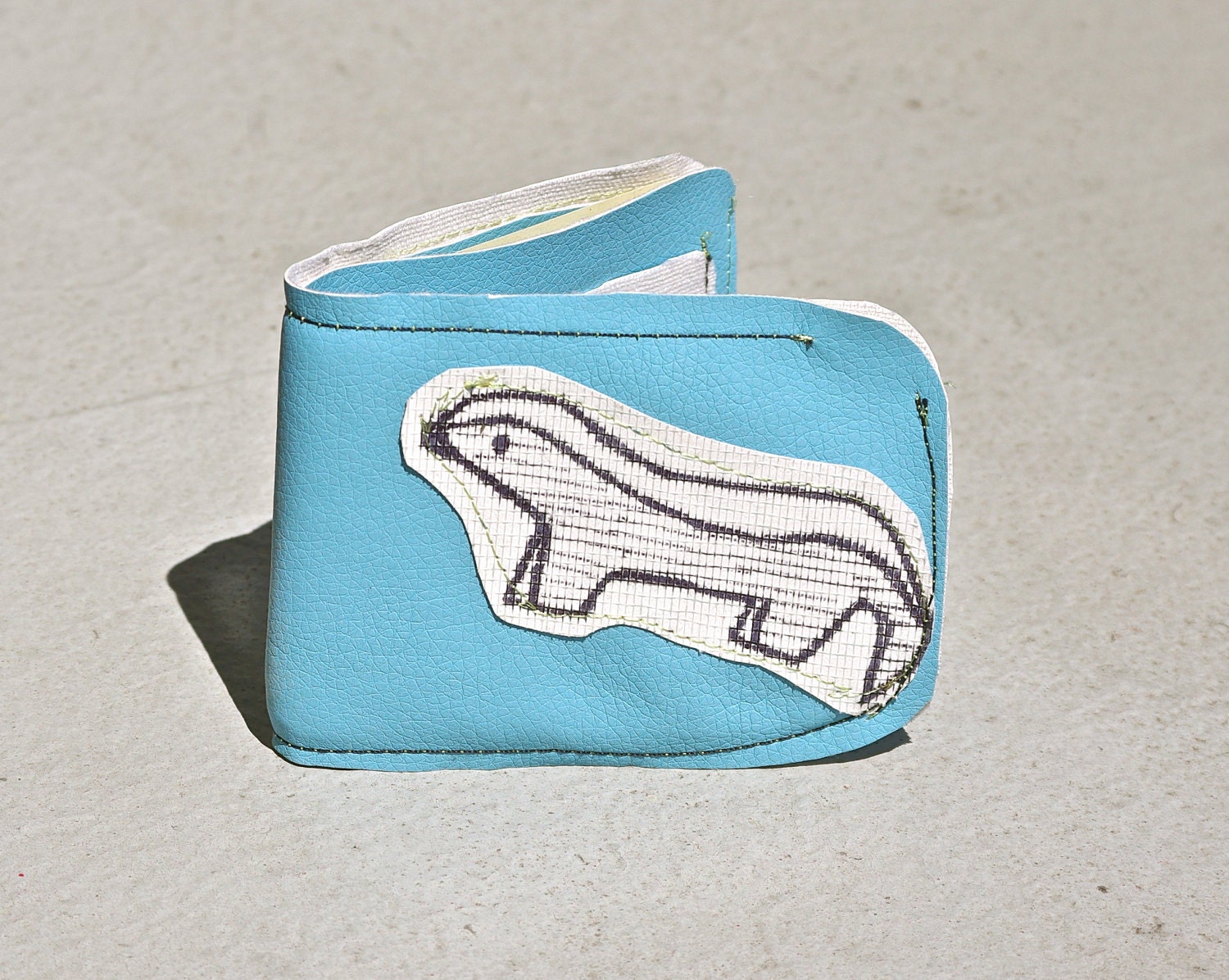 Honey Badger Wallet Honeybadger billfold bifold bi-fold recycled hand sewn handmade sky blue faux leather pleather original art