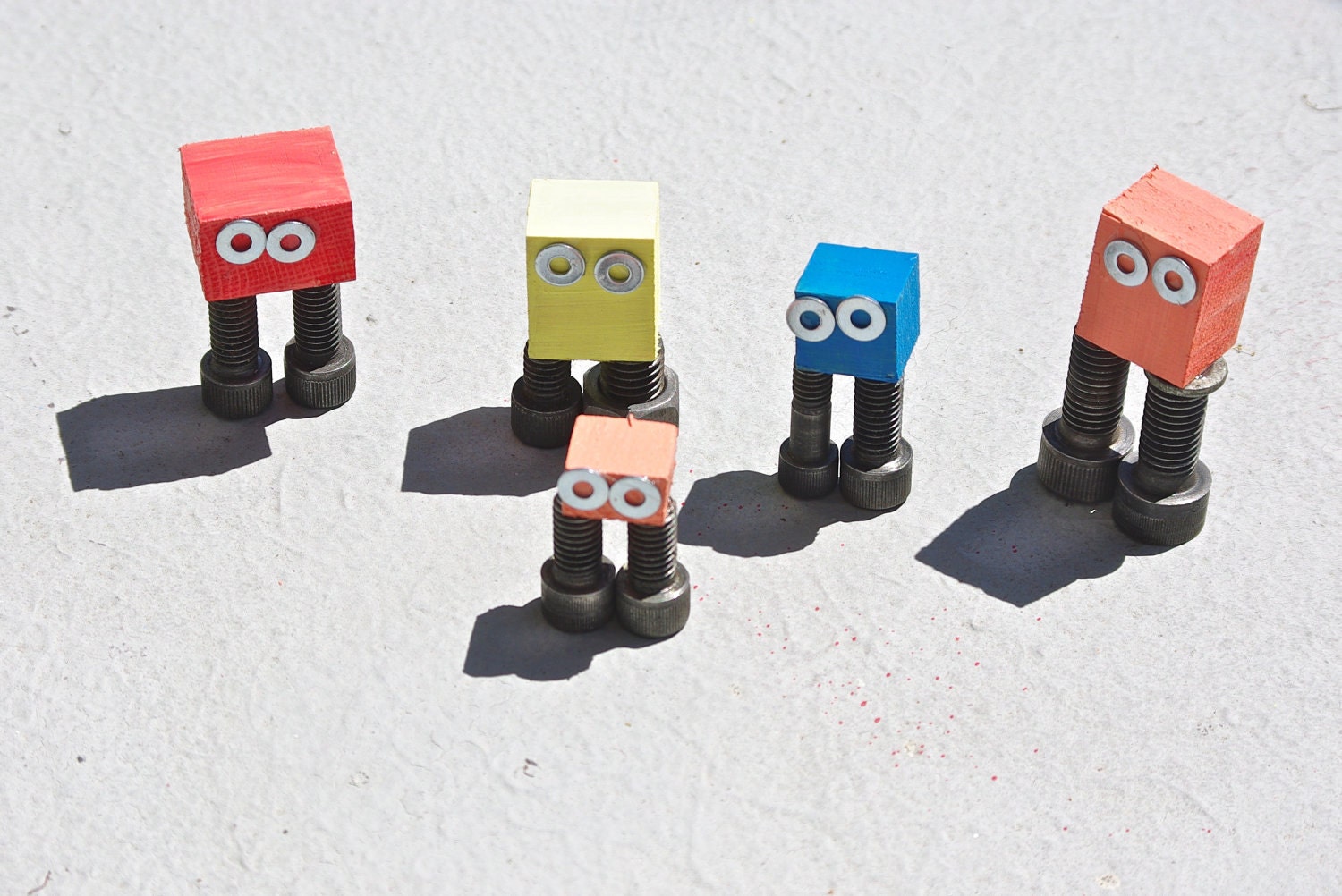 Robots Fab Five robot set of 5 blue yellow orange peach home decor reclaimed wood scrap metal handmade rainbow bots decorations home decor