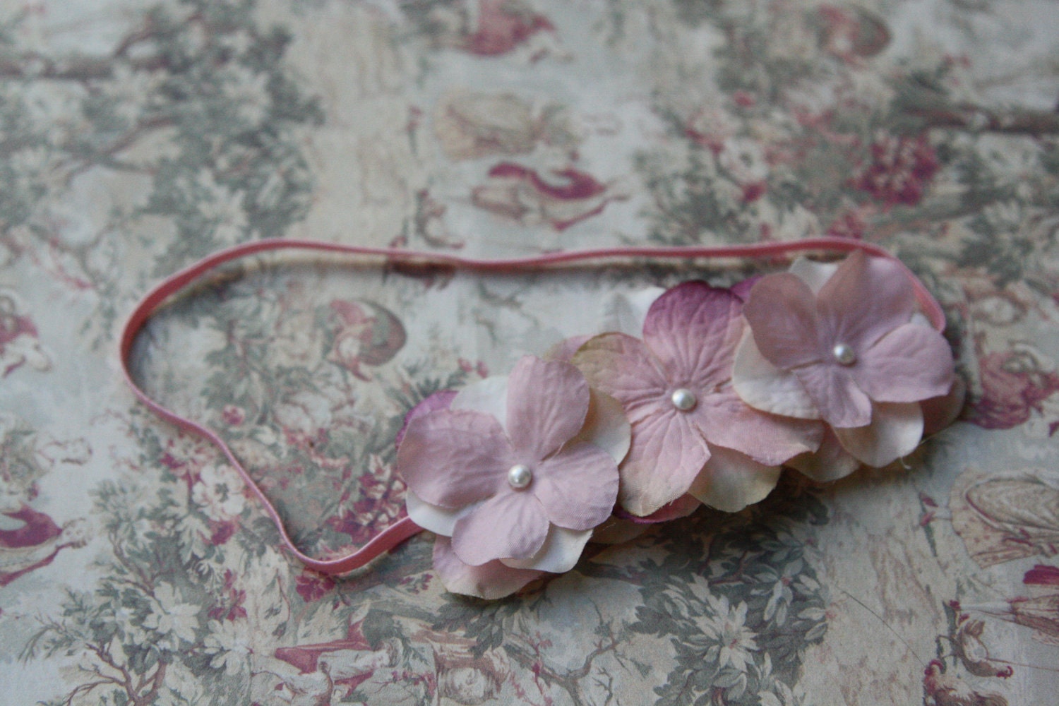 Light Pale Pink Three Flower Swarovski Crystal Headband on stretch elastic for Infant, Baby, Toddler, Adult Shabby Chic great for photo prop