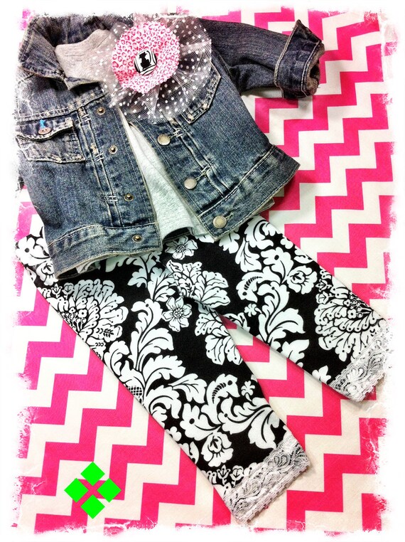 Toddler Girls Capri Leggings Black White Damask Knit White Lace Size 2T 3T 4T Ready to Ship Boutique Clothing