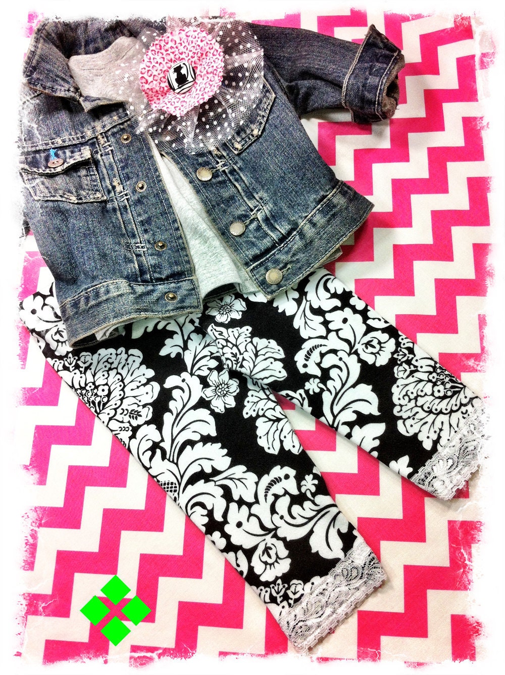 Toddler Girls Capri Leggings Black White Damask Knit White Lace Size 2T 3T 4T Ready to Ship Boutique Clothing