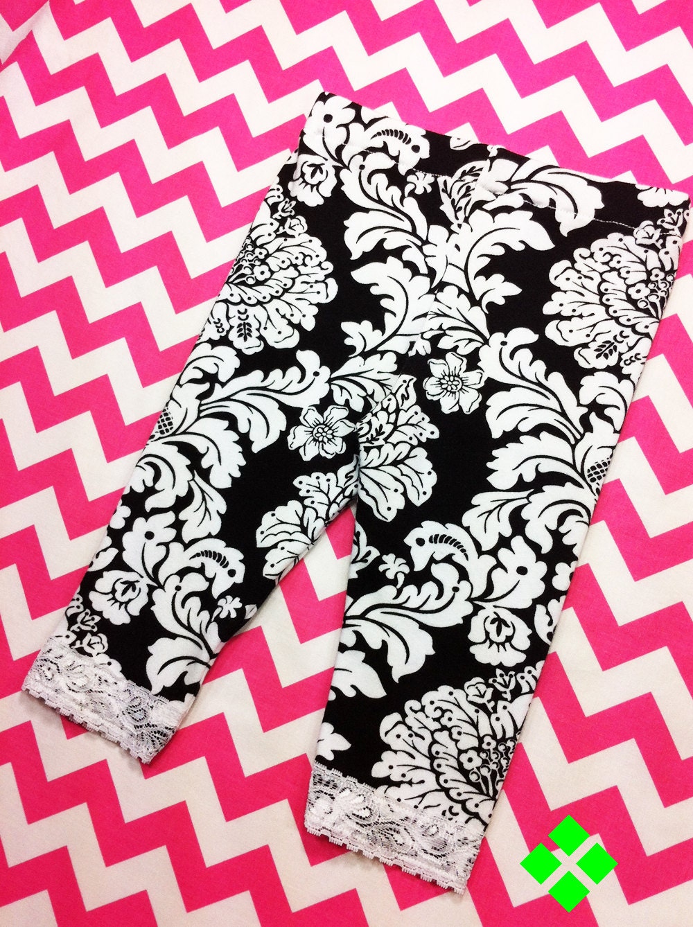 Toddler Girls Capri Leggings Black White Damask Knit White Lace Size 2T 3T 4T Ready to Ship Boutique Clothing