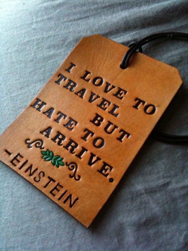 Leather Luggage Tag - Einstein Quote - Hand Tooled - Green Leaf Detail