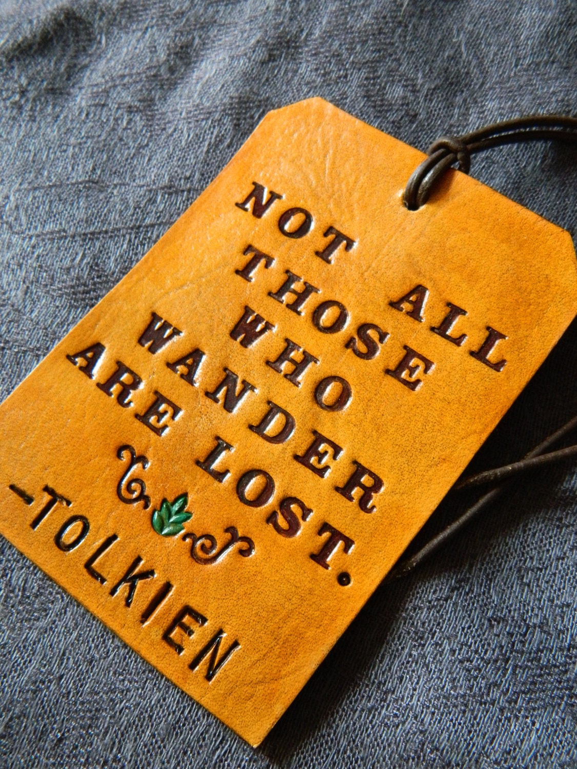 Leather Luggage Tag - Tolkien Quote - LOTR - Green Leaf Detail