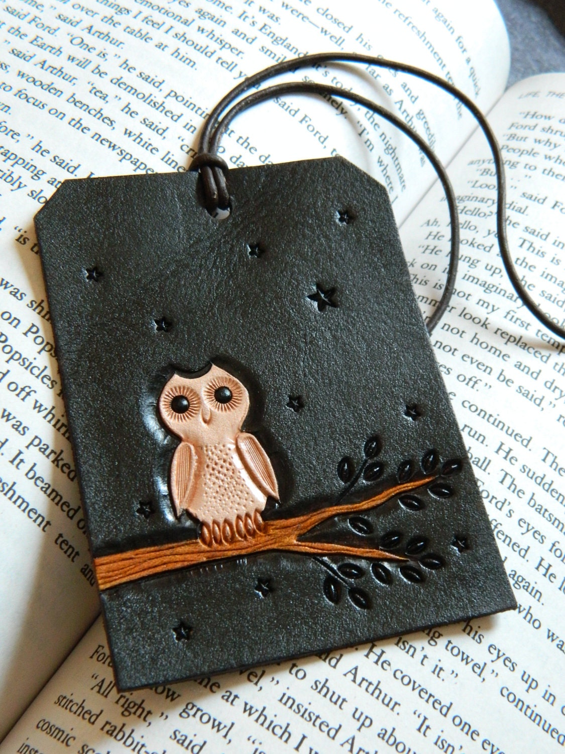 Leather Luggage Tag - White Owl - Hand Carved and Tooled - Original Starry Night Owl Design
