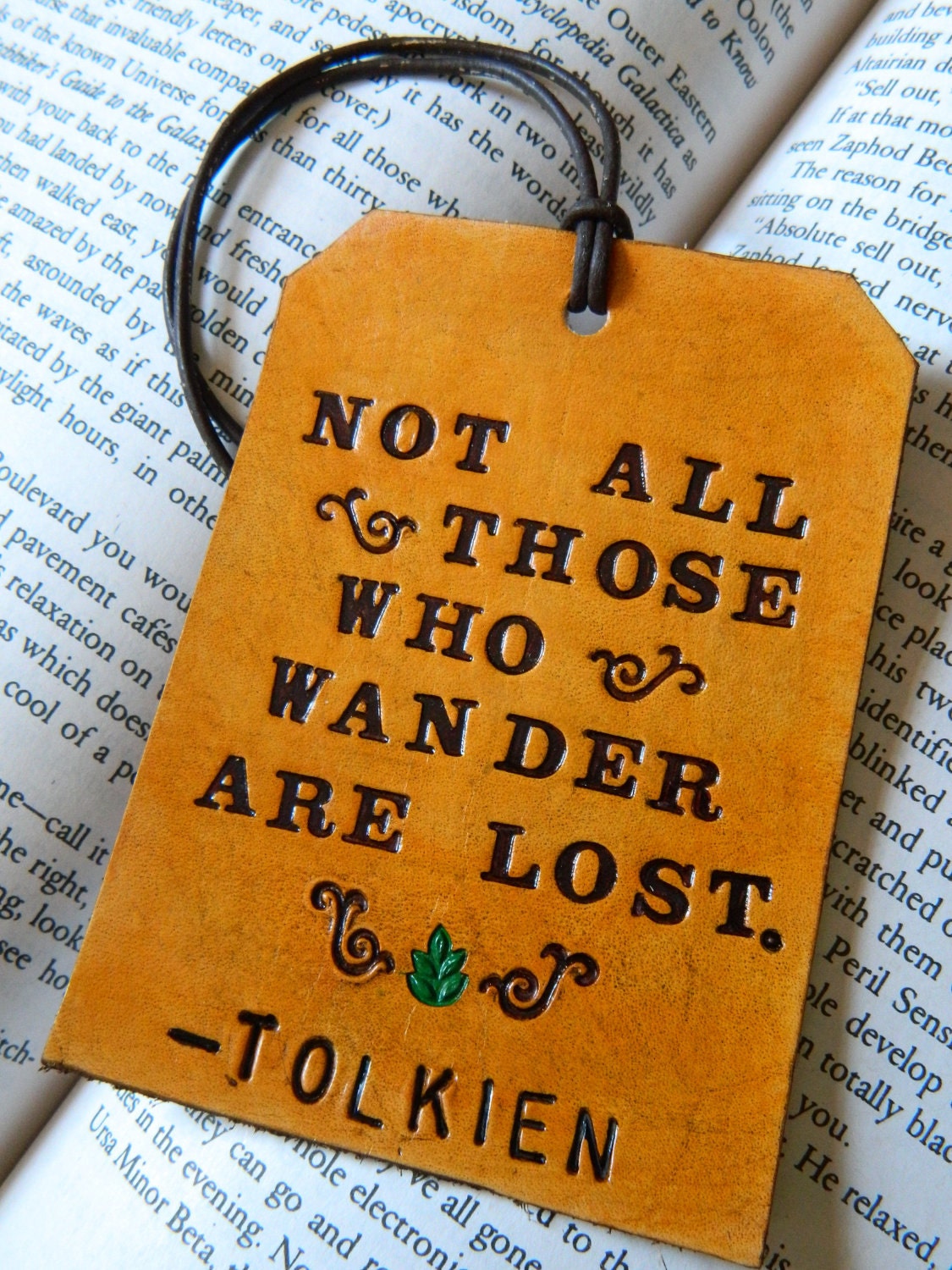 Leather Luggage Tag - Tolkien Quote - LOTR - Green Leaf Swirl Detail