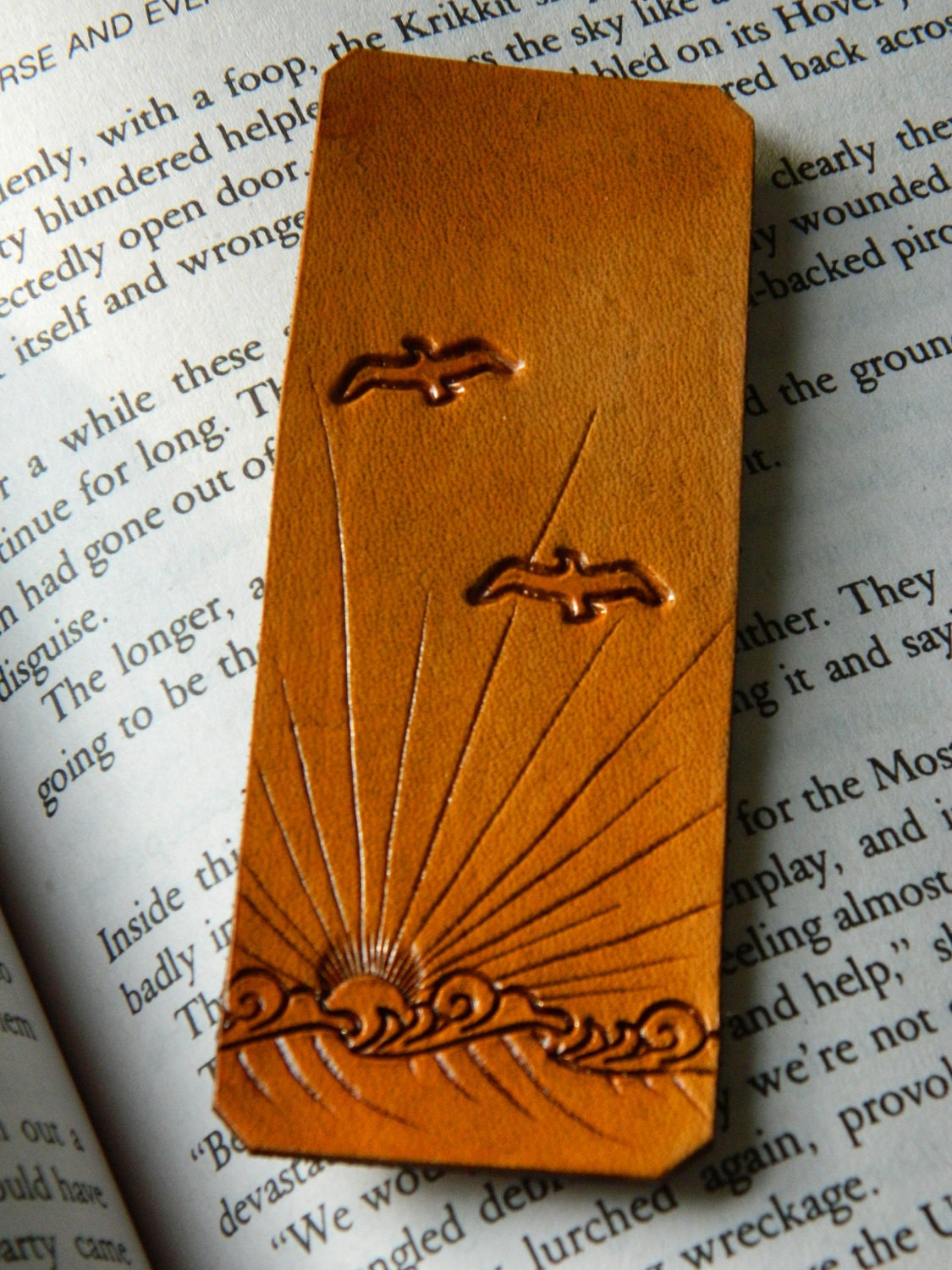 Leather Bookmark - Ocean Sunset Design - Hand Tooled - Nautical