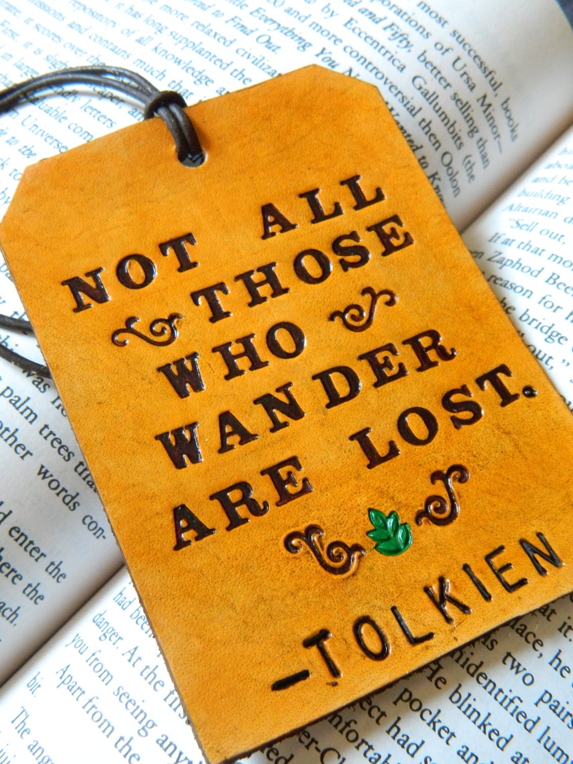 Leather Luggage Tag - Tolkien Quote - LOTR - Green Leaf Swirl Detail