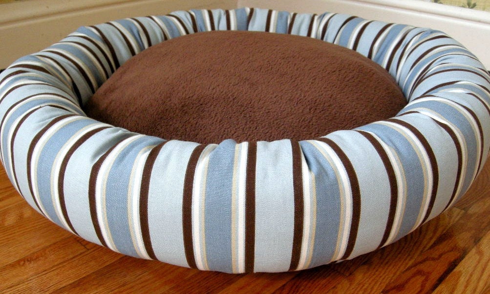 One-Piece 15" - Dog Bed - Cat Bed - Handsome Blue and Brown Stripe & Brown Minky Micro Fleece