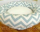 24"  Dog Bed, Cat Bed - Blue & Cream Zig Zag, Chevron with Soft Minky Fleece - Removable Cover