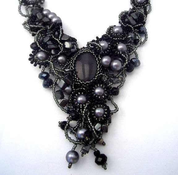 Beaded jewelry, Beadwork necklace, Freeform Beaded Necklace, Seed bead jewelry OOAK, black necklace