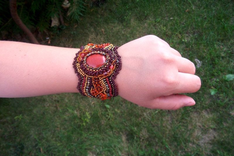 Bead embroidered cuff bracelet with red jasper- Unique gift  for her Brown terracotta burgundy gold OOAK jewelry