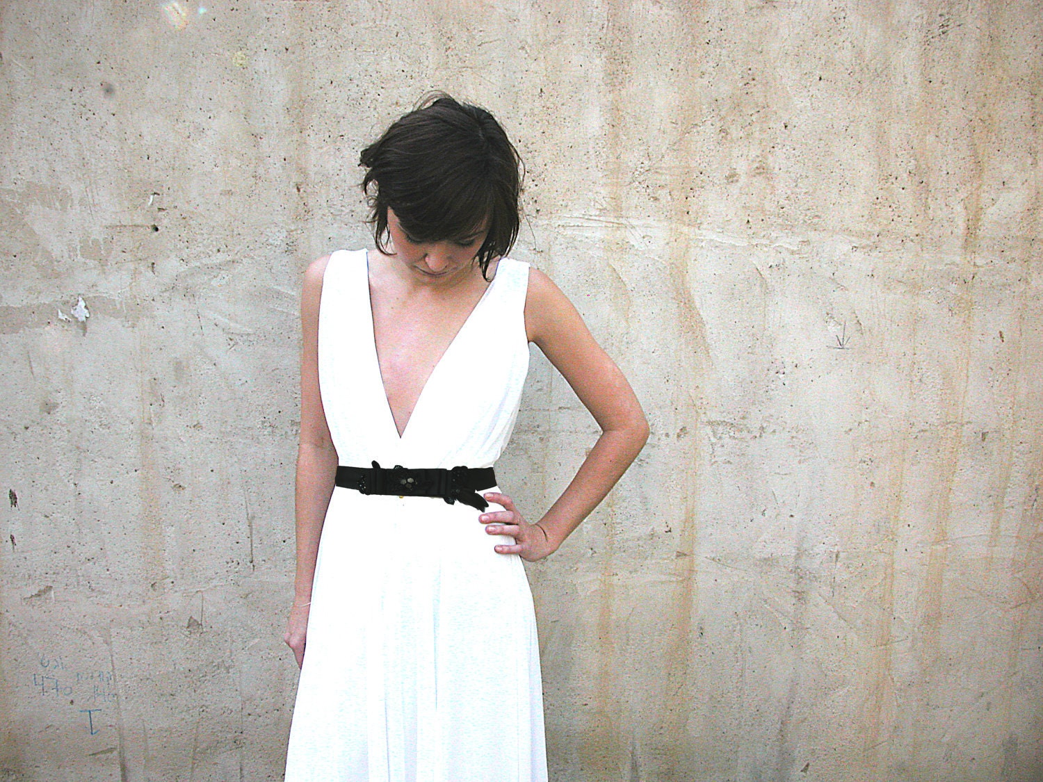 wedding dress deep V neck cleavage with jewelry belt
