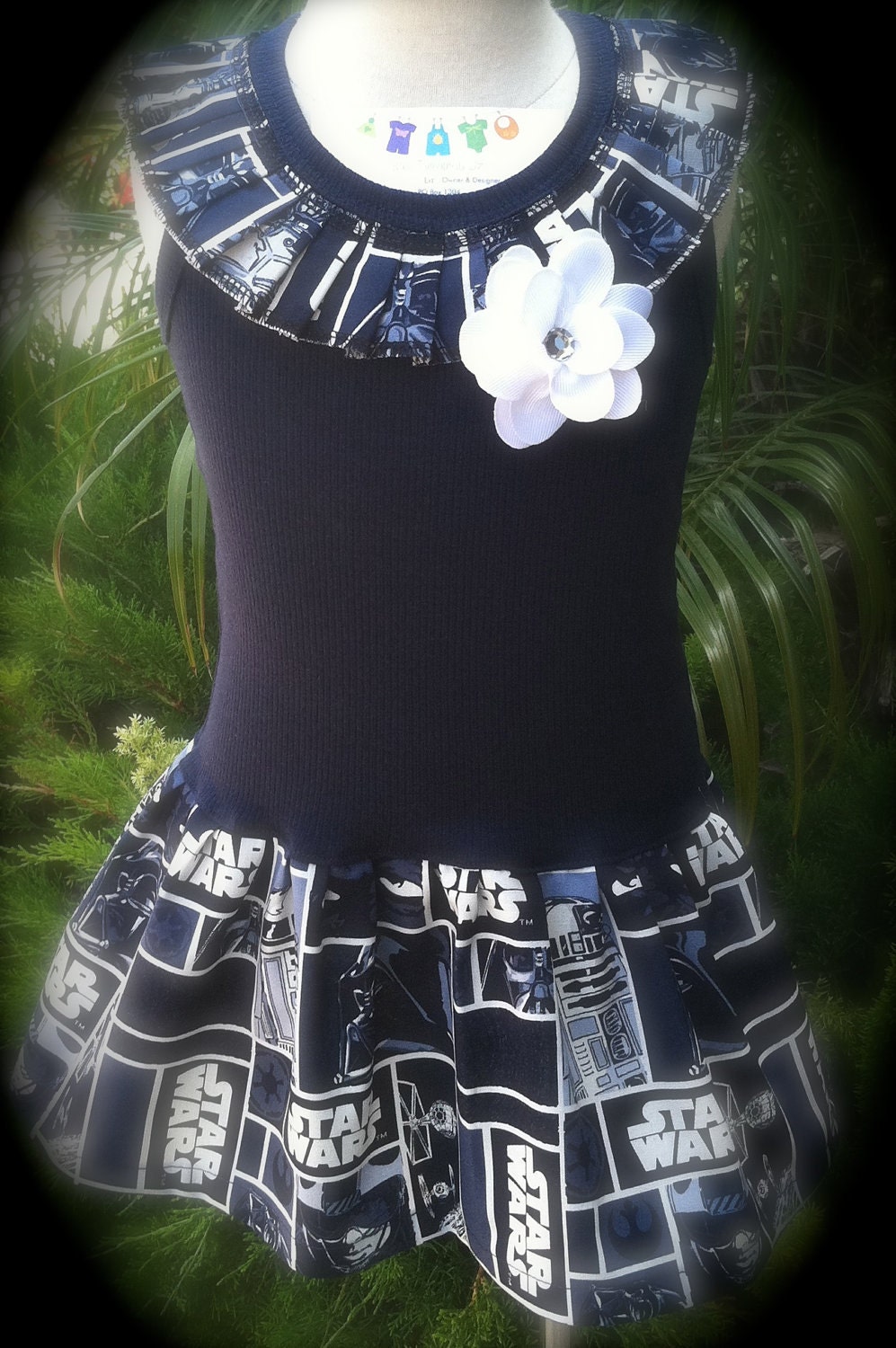 Navy Star Wars Ruffle Neck Dress  with Rhinestone Flower Available 6-12 months through Size 6/8
