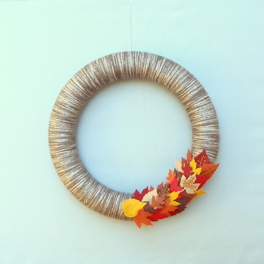 Yarn Wreath - Autumn, Fall Door Wreath.  Felt leaves, Brown, Red, Orange, Yellow, Burgundy - Perfect for Fall - Harvest Colours.