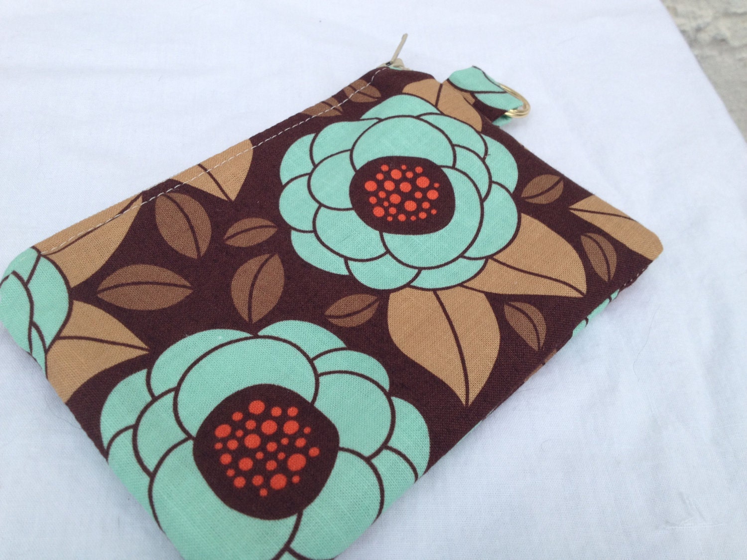 Brown and Teal Floral Small Zippered Pouch, Made and Ready to Ship