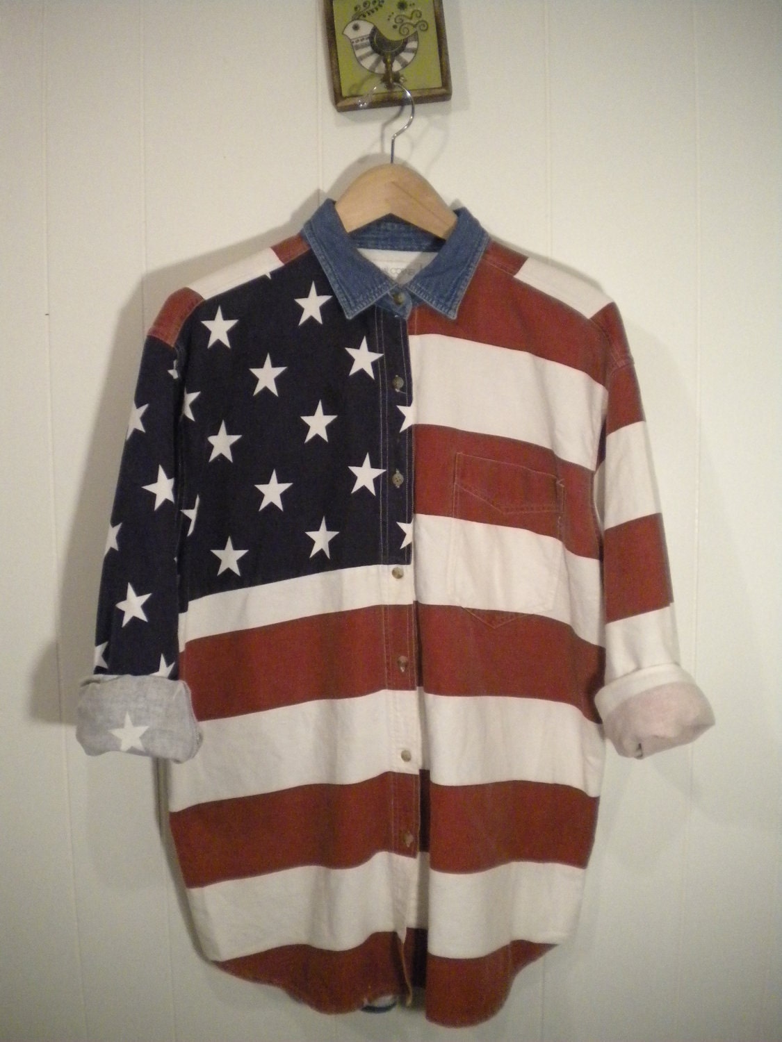 USA Flag Long Sleeve Button Down Shirt w denim colar