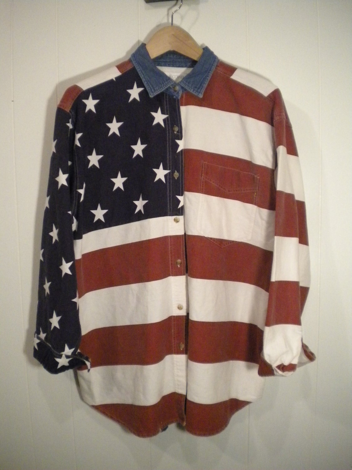 USA Flag Long Sleeve Button Down Shirt w denim colar
