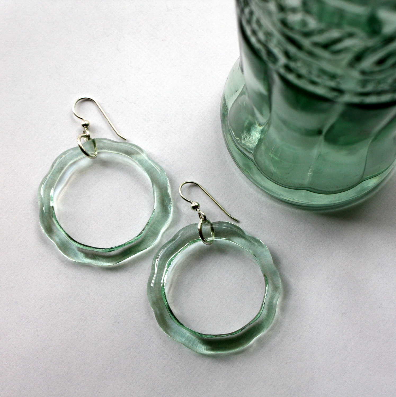 COKE Bottle Earrings, Upcycled Jewelry, Coca  Cola Earrings, HOOPS, Recycled Antique Glass, Sterling Silver, Bottle Rings, Dessin Creations