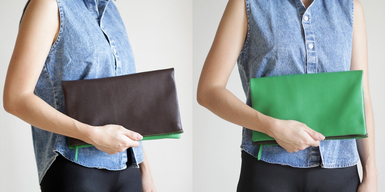 Foldover Reversible Leather Clutch in Brown and Green- SALE