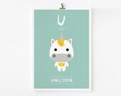 Kids wall art, Alphabet poster U is for Unicorn 8x10 art print