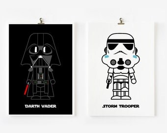 Cute Star wars Darth Vader and Storm Trooper 8 x 10 art prints - set of 2