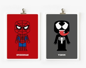 Cute Spider-man and Venom 5x7 art prints - set of 2