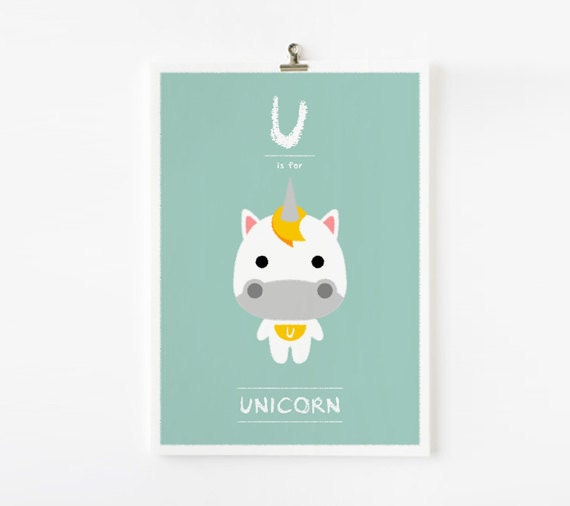 Kids wall art, Alphabet poster U is for Unicorn 8x10 art print