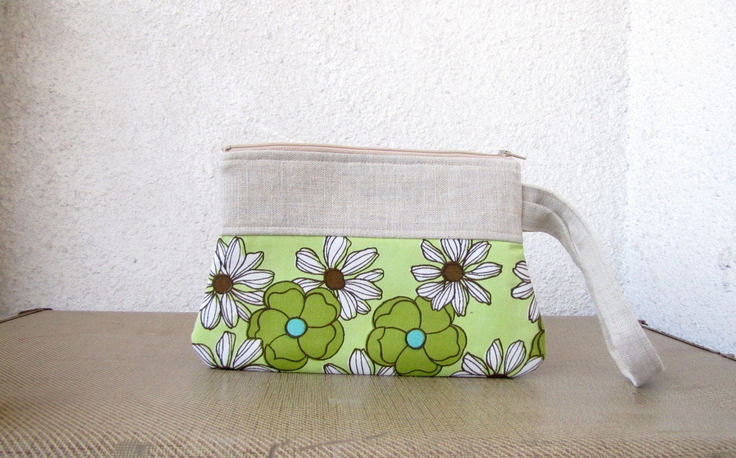 Wristlet, Cosmetic pouch, Diapers case - Linen and Upcycled retro cotton