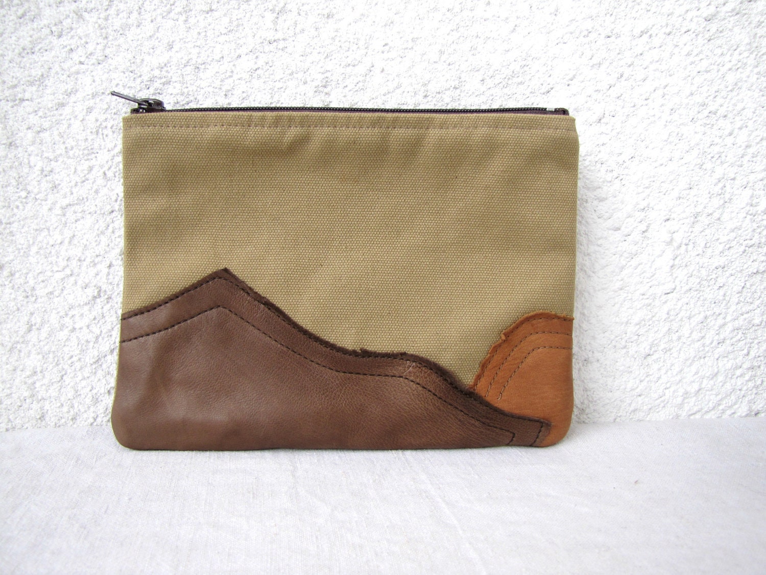 Leather Mountains - OOAK appliquÃ©d Clutch purse, cosmetic bag,  zipper pouch, canvas - HelloVioleta