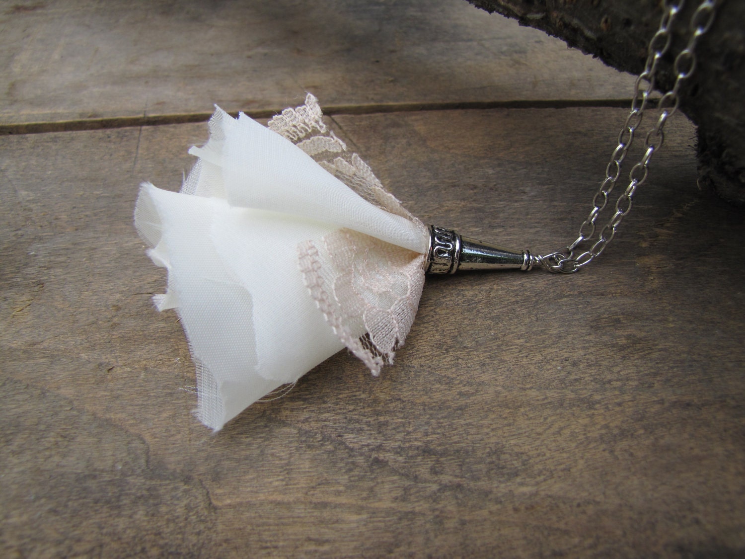 Very Gentle Necklace Fabric and lace Pendant on a silver tone chain