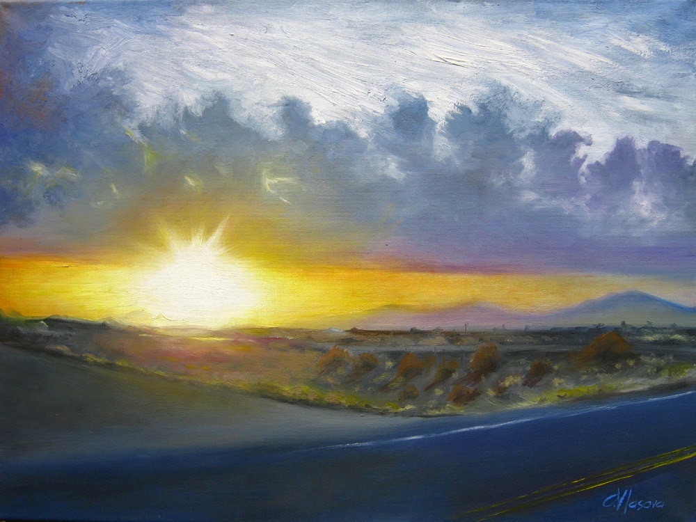 Sunset Landscape, original art, big oil painting, blue, yellow