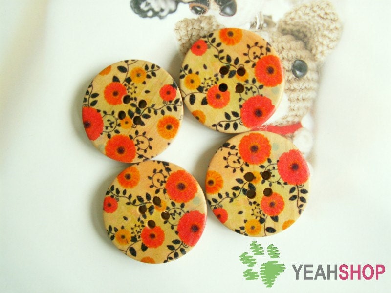 Floral Wooden Buttons - 30mm - 5 PCS (WBT30-24)