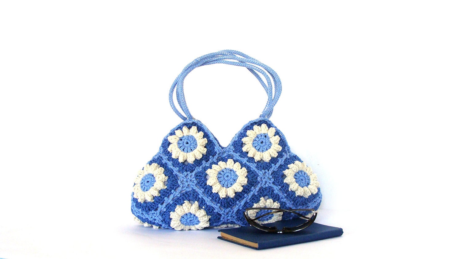 Granny crochet handbag in blue and cream flowers, crochet bag, shoulder bag, purse