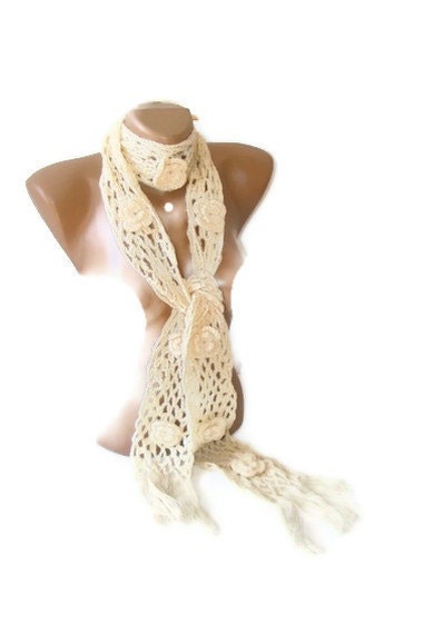 Hand crocheted women Ivory scarf, long scarf, crocheted scarf with crochet flowers, fall fashion, spring, winter, for her