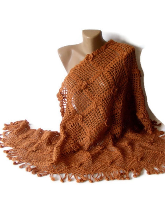 hand crocheted shawl ,terra cotta, women fashion, geometry shawl, crochet trends, floral