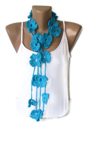Crochet Blue Flower women Lariat Scarf, Fashion Flower Scarves, Necklace, crocheted scarves