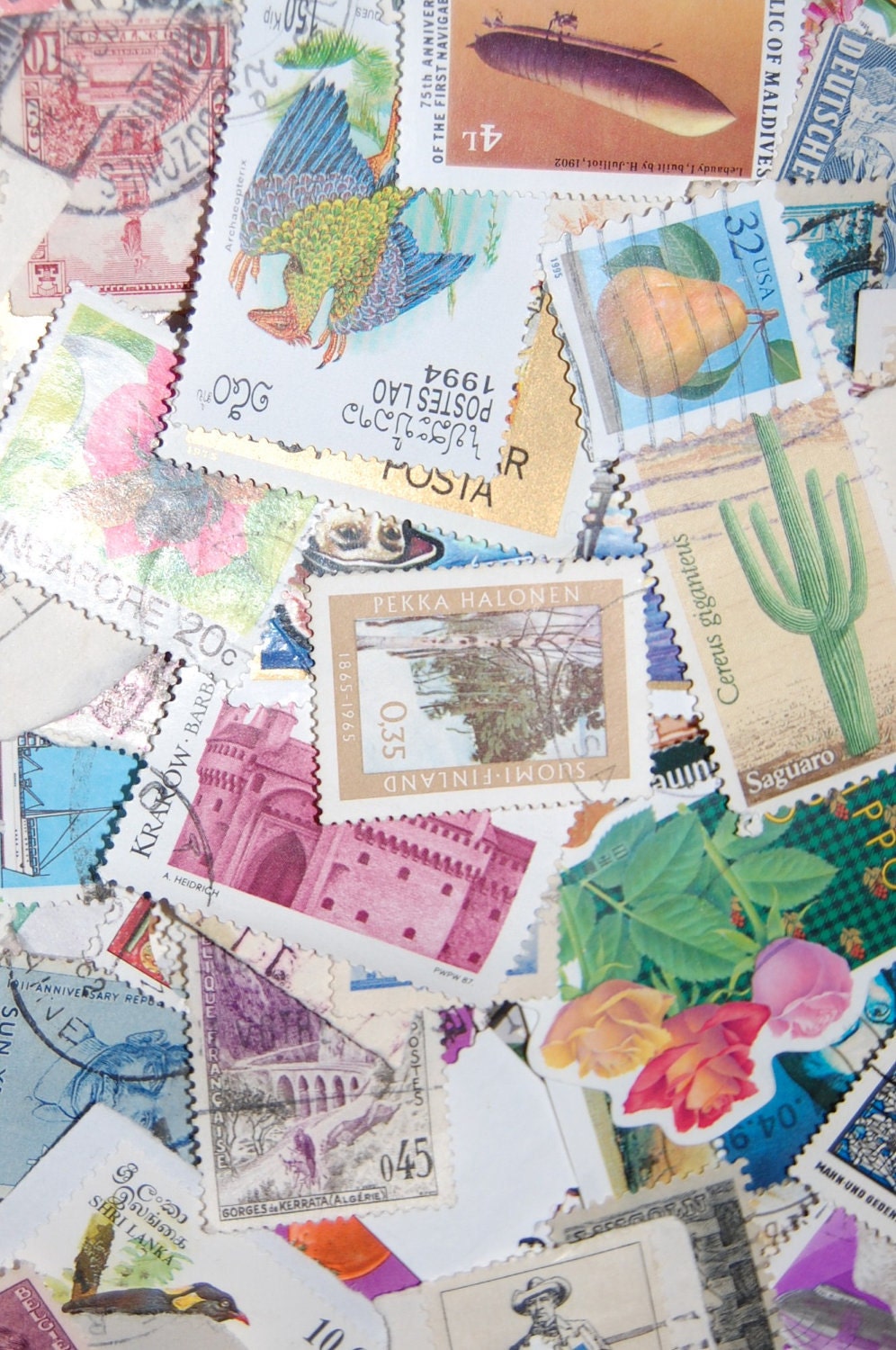 Lot of 100 Vintage US and World Wide Postage Stamps - DESTASH Great for scrapbooking, mixed media and other diy projects